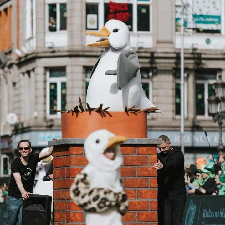 Photo of ArtFX team in seagull costumes for St. Patrick's Day Parade Dublin 2024.