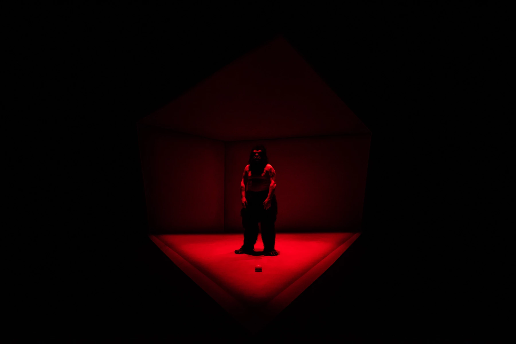 Figure standing on a stage in darkness except for a red spotlight. 