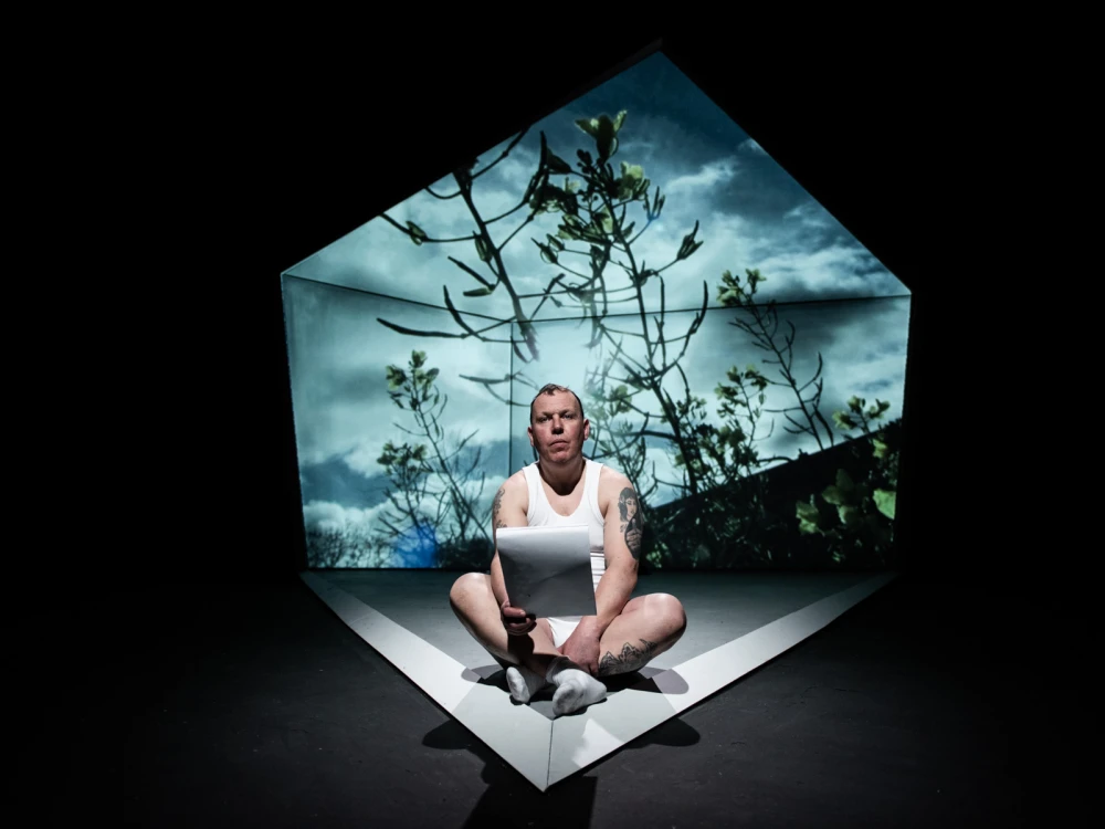 Man sitting crosslegged in front of a projecion of sky and foliage.