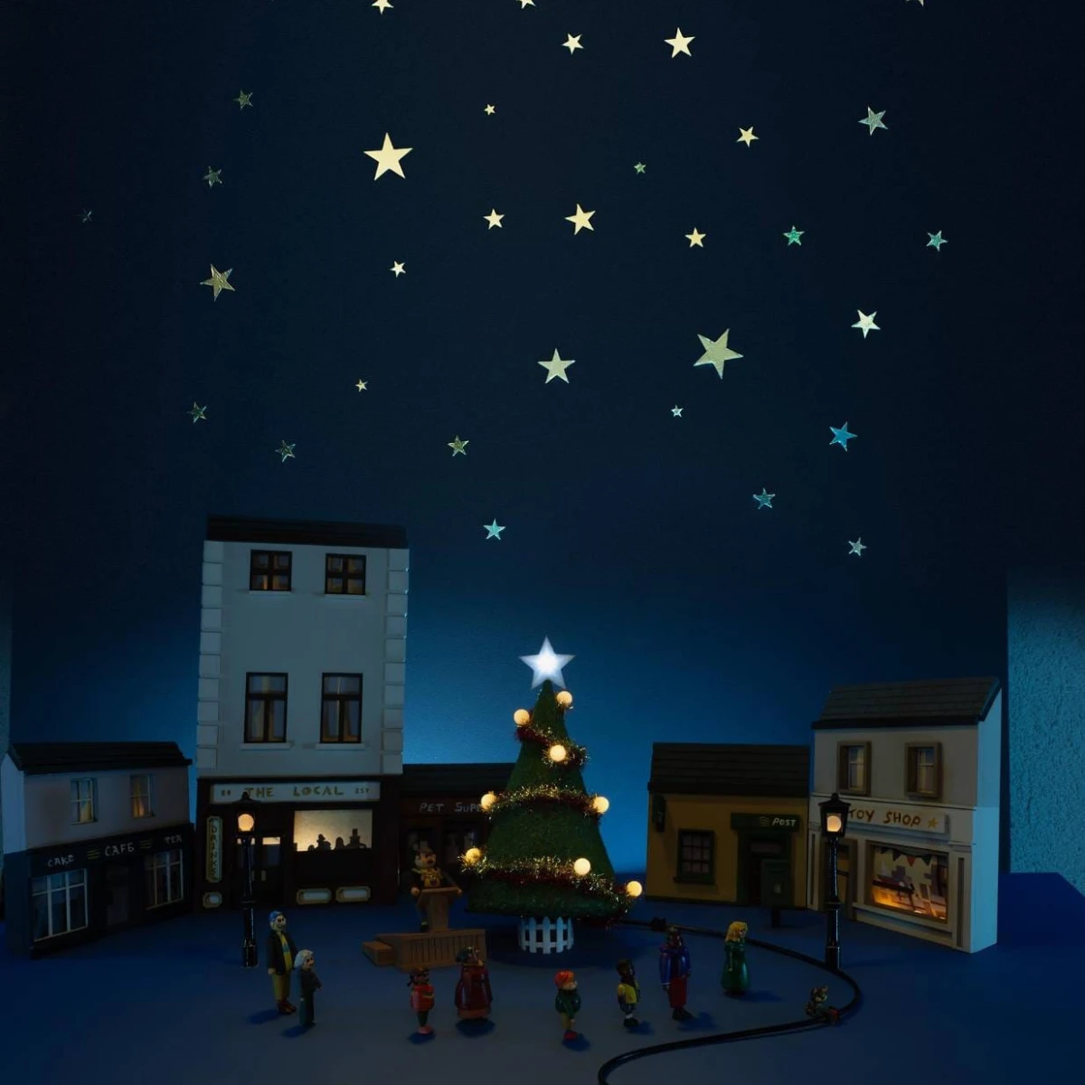 Photo of miniature nighttime Christmas set for a stop gap motion animation.