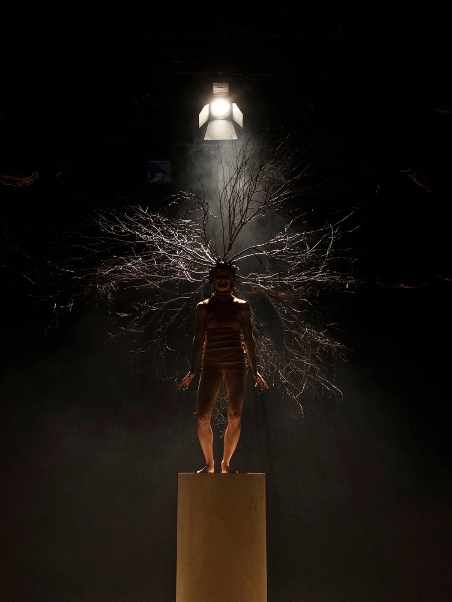 Woman with large headpiece standing on large pillar under spotlight. 