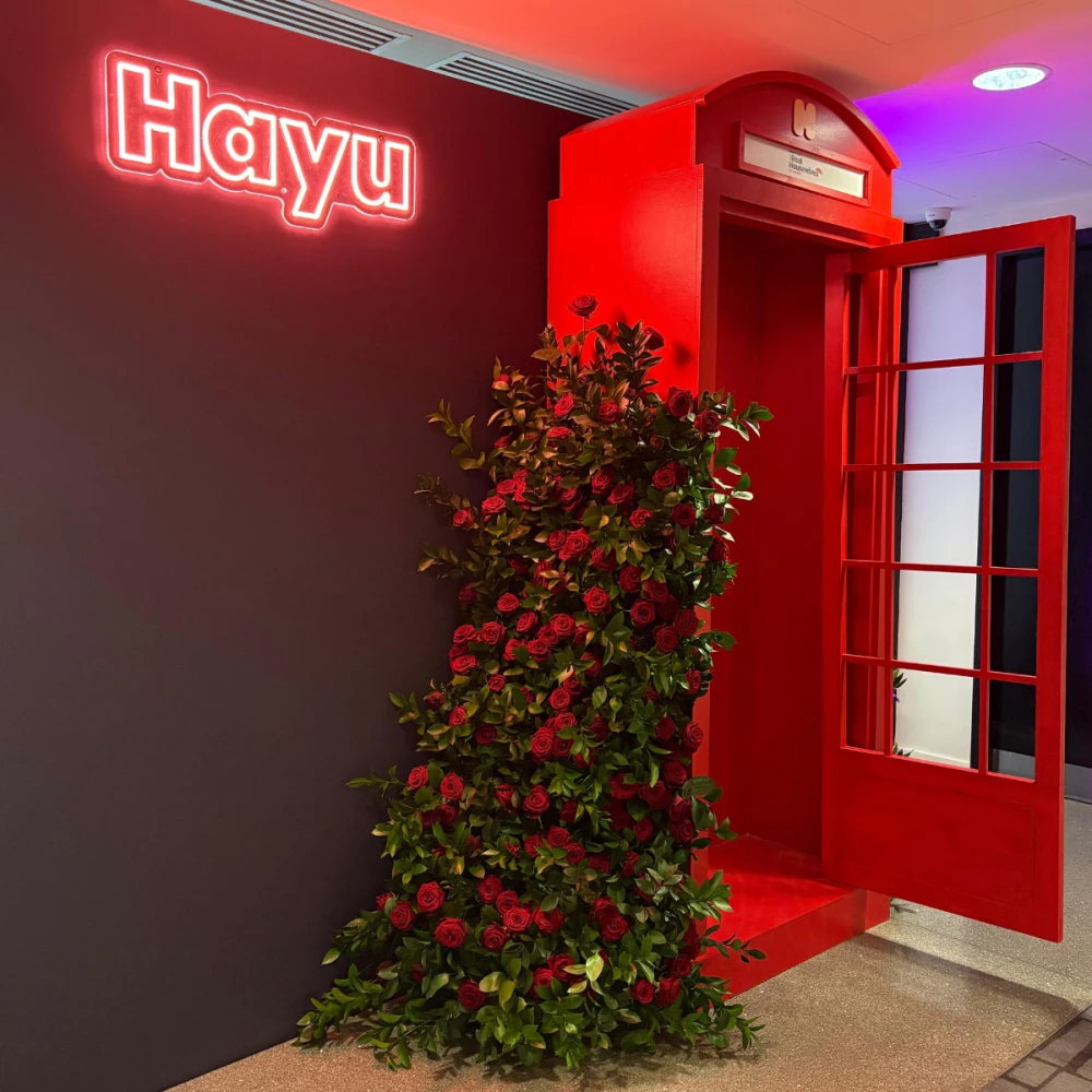Photos of red phonebox, rose bush and Hayu sign - specialist props.